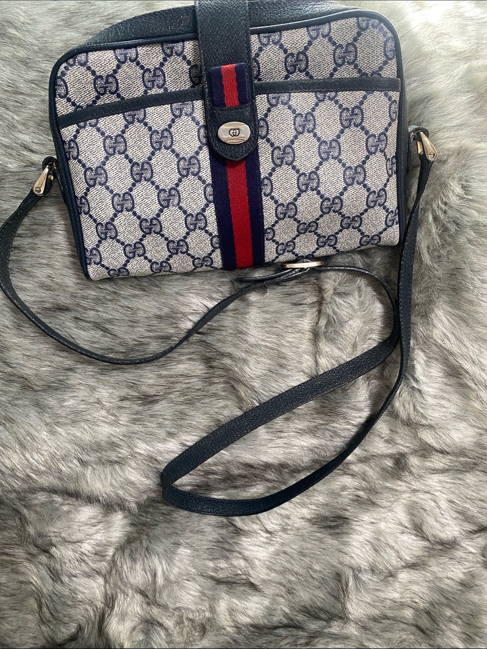 Gucci Beige GG Supreme Canvas Crossbody with Red & Blue Web